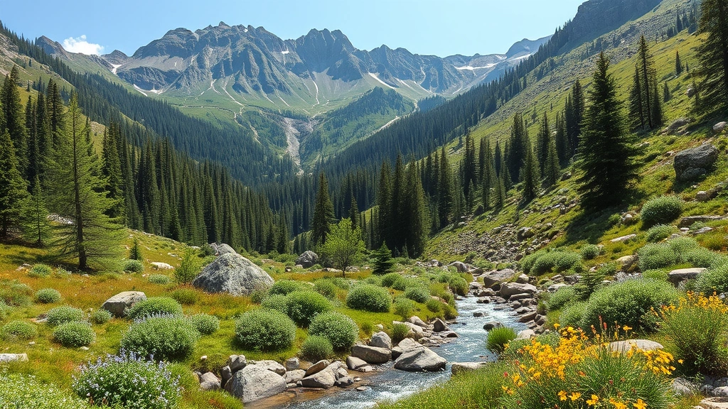 Mountain ecosystem showing forest transition to alpine meadow with diverse plant species, wildflowers, rocky terrain, and clear water stream. Multiple habitat zones visible, pristine natural landscape, photorealistic.