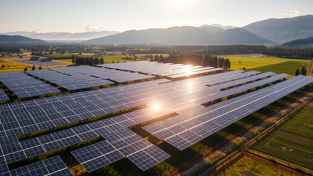 Aerial view of sprawling solar farm panels reflecting sunlight against green agricultural fields and forested mountains in background, photorealistic landscape photography