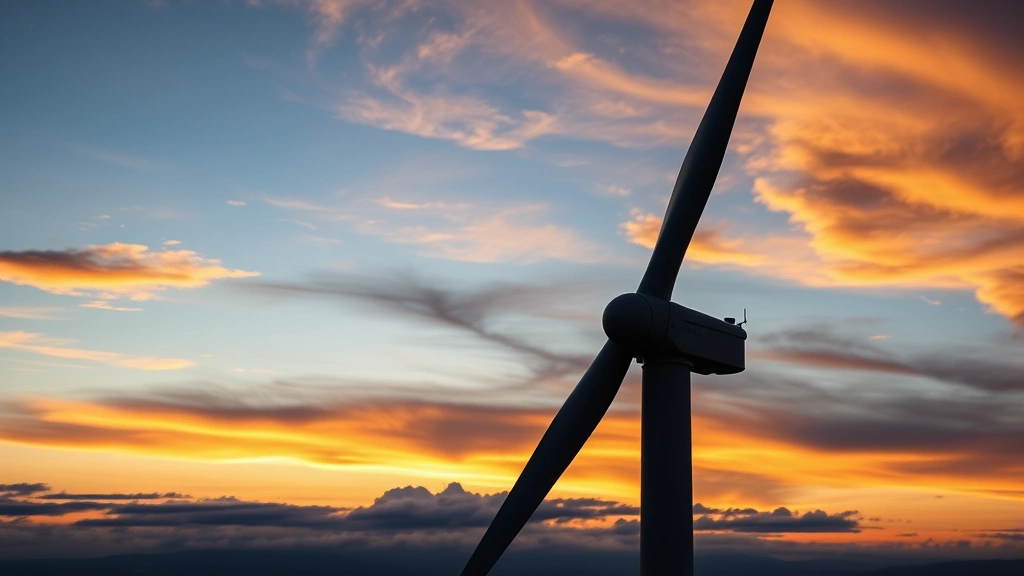 Close-up of wind turbine blades silhouetted against dramatic sunset sky with layered clouds, renewable energy infrastructure in natural environment, professional photography