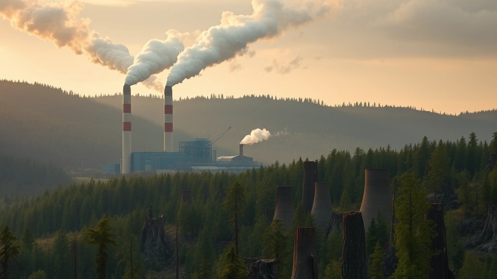 Industrial factory with visible pollution emissions beside a deforested landscape with tree stumps, showing economic activity destroying natural forest ecosystem, photorealistic, no text