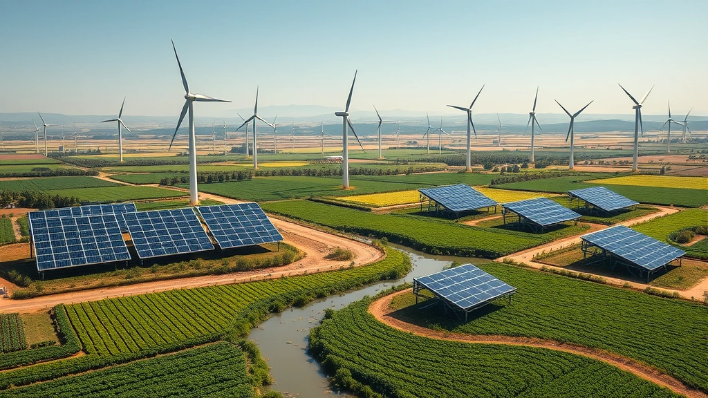 Renewable energy wind turbines and solar panels in vast landscape with thriving green crops and water channels below, photorealistic daylight, no text or labels
