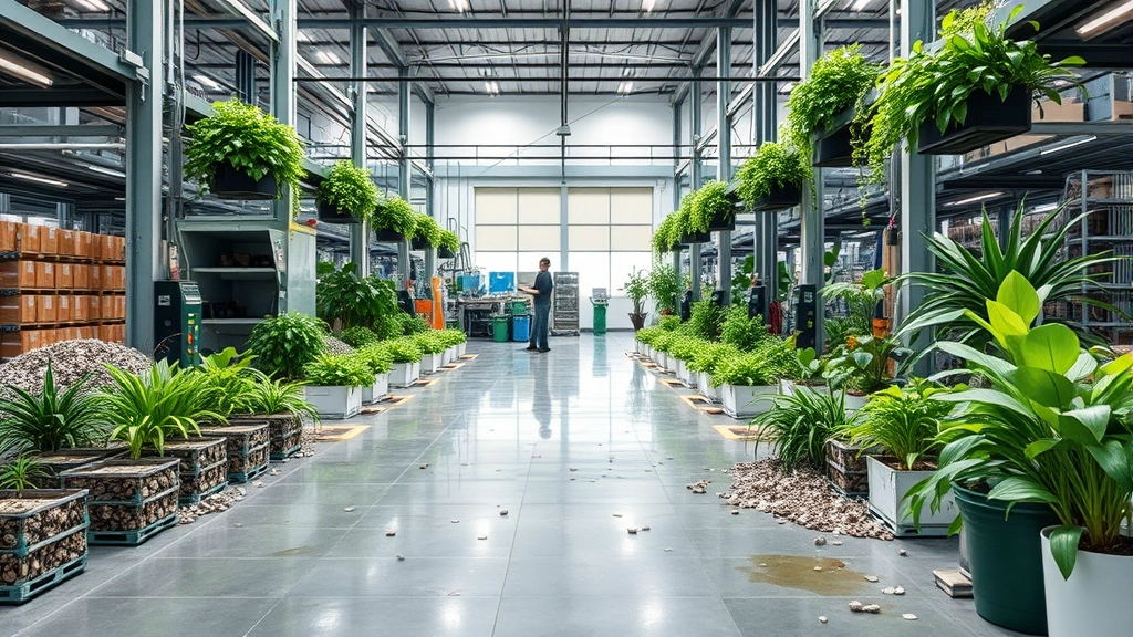 Modern circular economy factory floor with recycled material sorting systems, green plants integrated into industrial space, workers in sustainable production environment, no text