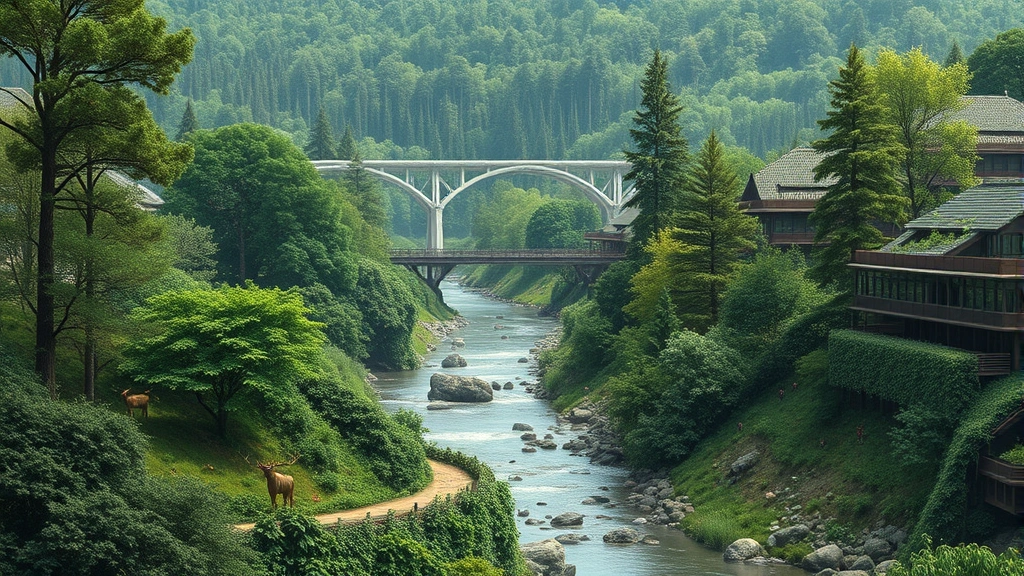 Diverse ecosystem with restored forest, river, and wildlife thriving alongside green building infrastructure, showing human-nature integration in thriving landscape