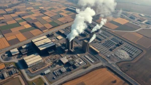 Aerial view of industrial factory district showing some structures intact and others severely damaged, with smoke dispersing into atmosphere, surrounding countryside with fragmented agricultural fields and winding roads, photorealistic detail emphasizing economic infrastructure loss