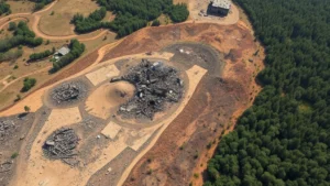 Aerial view of heavily bombed landscape with destroyed vegetation, crater-filled terrain, barren soil, and fragmented forest patches showing stark contrast between damaged combat zone and intact forest edge, photorealistic, natural lighting, no text