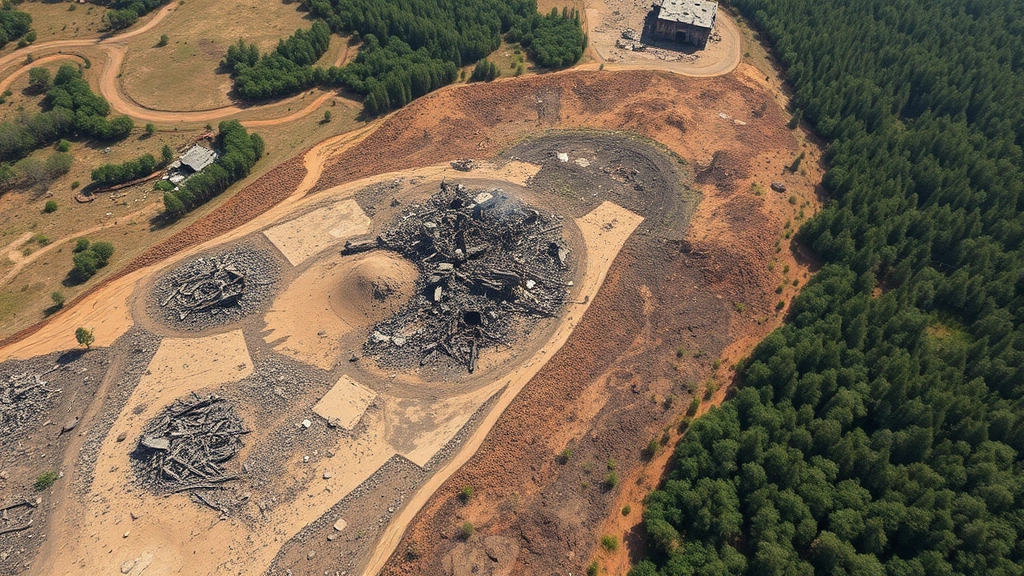 Aerial view of heavily bombed landscape with destroyed vegetation, crater-filled terrain, barren soil, and fragmented forest patches showing stark contrast between damaged combat zone and intact forest edge, photorealistic, natural lighting, no text