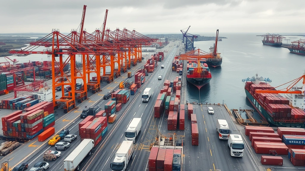 Busy shipping port with container vessels, cargo cranes, and trucks, with some sections operational and others visibly abandoned or damaged, diverse landscape showing supply chain networks and trade routes, overcast sky suggesting disruption and uncertainty