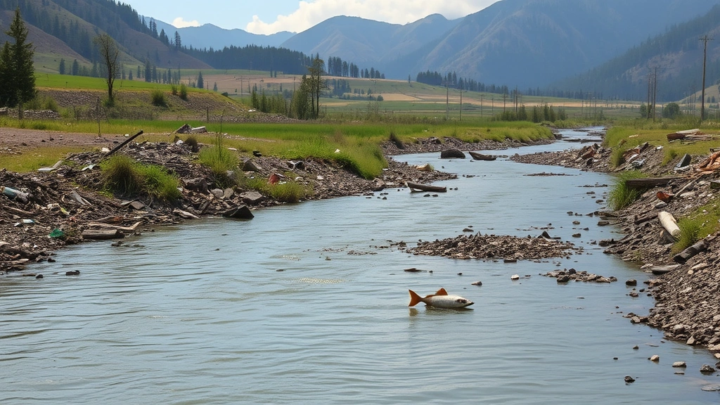 Polluted river running through conflict-affected valley with military debris scattered along banks, destroyed agricultural fields in background, dead fish visible in water, mountains partially deforested, photorealistic, daylight, no text or labels