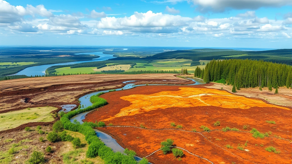 Landscape showing environmental degradation with contaminated soil areas, sparse vegetation, and ecological damage alongside distant intact natural areas representing ecosystem services loss, waterways and forest fragments illustrating habitat fragmentation, realistic environmental impact visualization