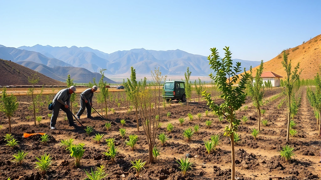 Post-conflict environmental restoration site showing workers replanting native trees in degraded landscape with soil remediation equipment visible, green seedlings contrasting with barren surrounding terrain, mountains in distance, photorealistic, natural daylight, no text
