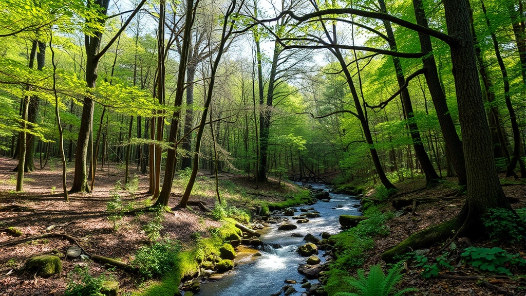 A natural forest ecosystem with diverse tree species, flowing water stream, and sunlight filtering through canopy layers, showing ecological complexity and adaptation without human structures