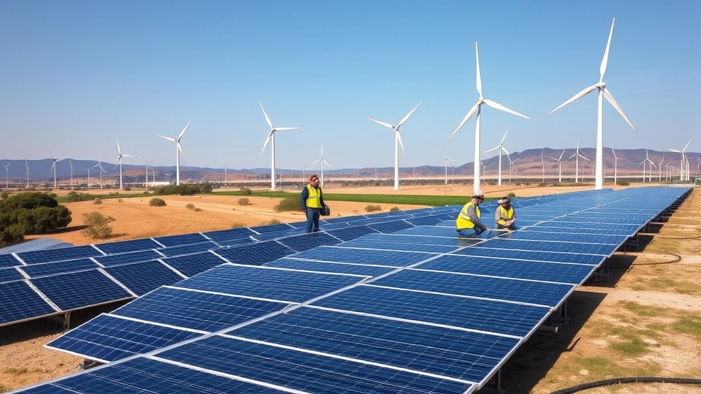 A modern renewable energy facility with solar panels and wind turbines across landscape, workers collaborating on-site, representing organizational agility and sustainable technology deployment in action