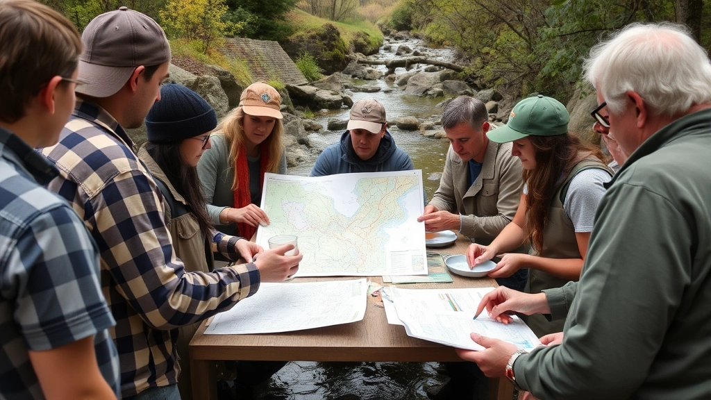 A community-based watershed or conservation meeting with diverse stakeholders examining maps and water samples together, embodying collaborative adaptive management and decentralized decision-making in environmental stewardship