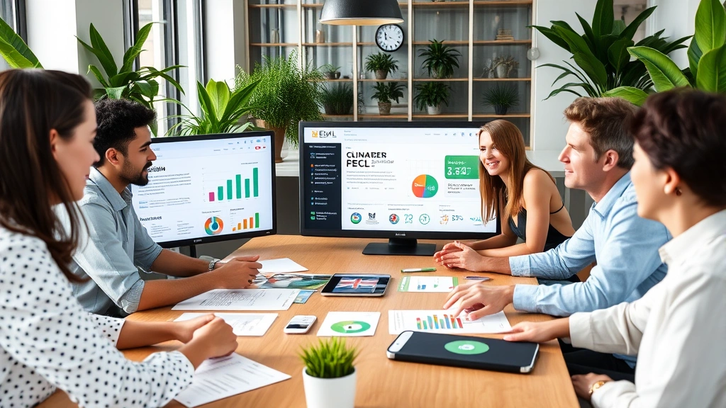 Diverse team of sustainability professionals collaborating around a table with environmental data dashboards and carbon metrics displayed on screens, modern office with natural light and green plants, engaged discussion about climate targets