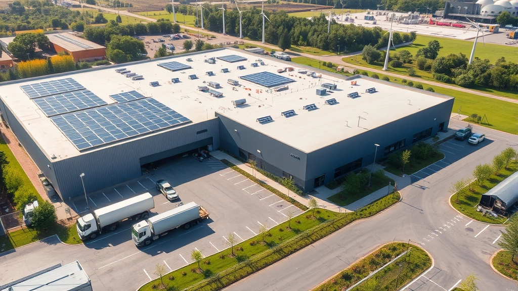 Aerial view of manufacturing facility with solar panels on rooftops, wind turbines in background, sustainable supply trucks in parking area, green landscaping and water retention systems visible, demonstrating integrated environmental infrastructure