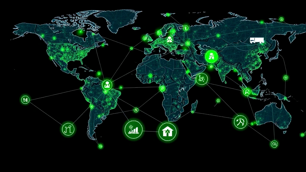 Supply chain network visualization showing interconnected logistics nodes with real-time environmental impact indicators, sustainable transportation routes highlighted in green, supplier facilities with renewable energy symbols, representing transparent agile supply chain tracking