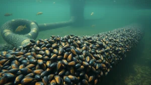 Underwater scene showing dense zebra mussels coating rocks and pipes in a freshwater lake, with murky water and native fish barely visible in background, photorealistic detail of invasive mussel clustering