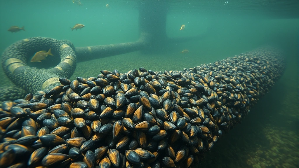 Underwater scene showing dense zebra mussels coating rocks and pipes in a freshwater lake, with murky water and native fish barely visible in background, photorealistic detail of invasive mussel clustering