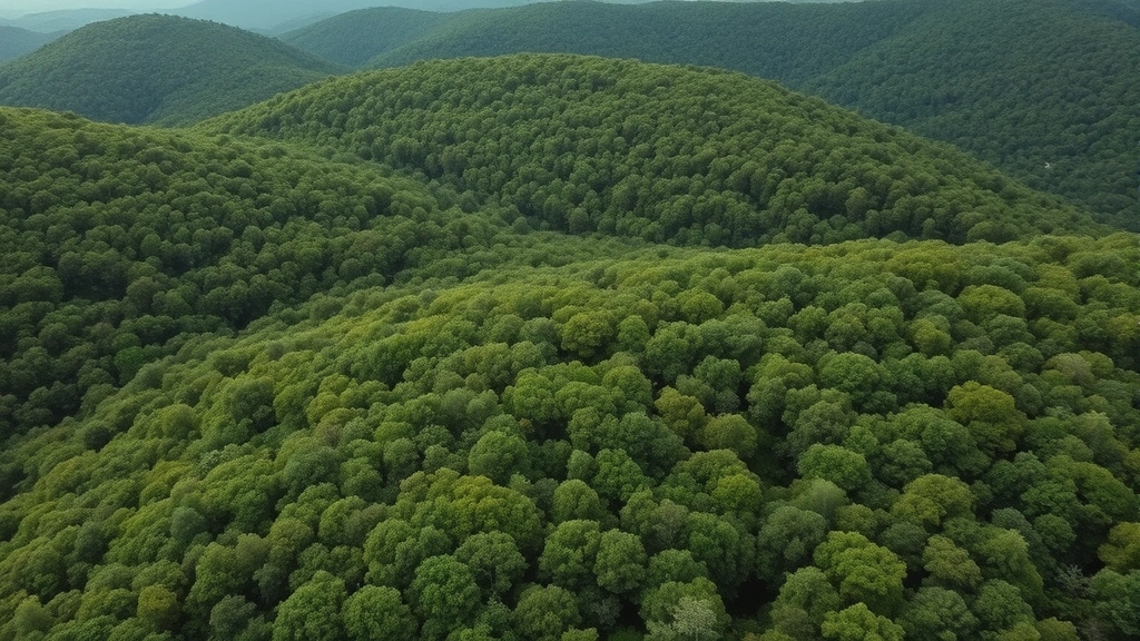 Aerial view of dense kudzu vine coverage completely smothering forest canopy and understory vegetation across rolling hills, vibrant green invasive vines creating uniform carpet over diverse native forest landscape