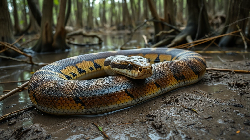 Close-up of Burmese python coiled on forest floor in swampy habitat surrounded by cypress trees and water, detailed scales and natural coloring, with native wildlife tracks visible in mud but no animals present