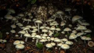 Photorealistic underground view of dense white mycelial fungal network spreading through rich dark forest soil with decomposing leaves and organic matter, roots visible above, natural lighting showing fungal threads interconnecting