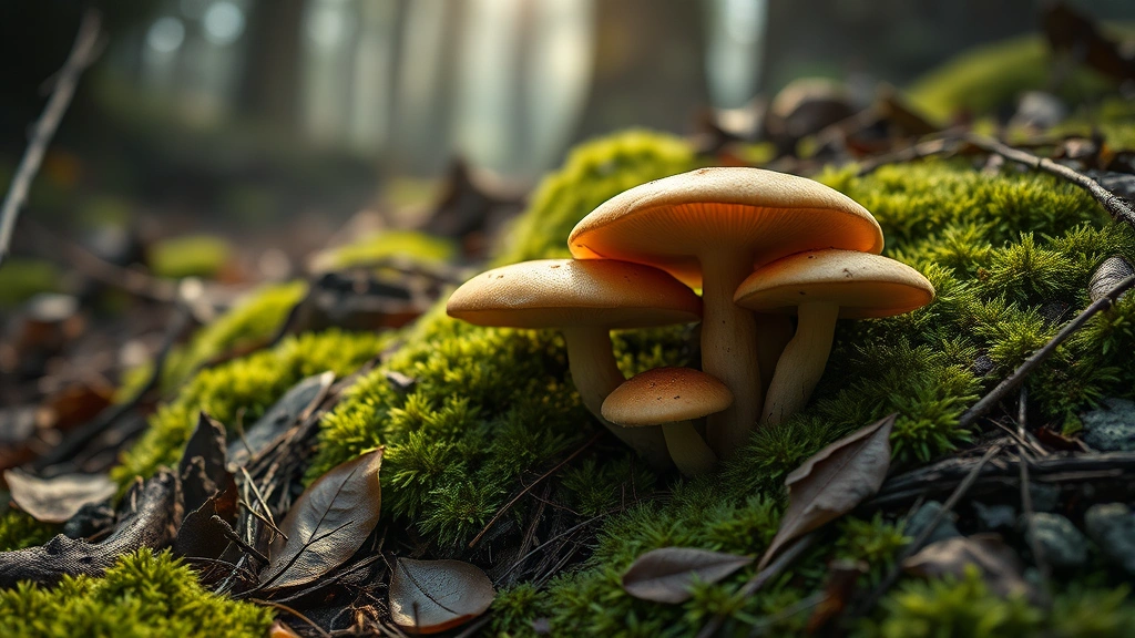 Photorealistic close-up of mushroom fruiting bodies emerging from moss-covered forest floor surrounded by decaying wood and leaf litter, morning mist and natural forest lighting, showing fungal decomposition habitat