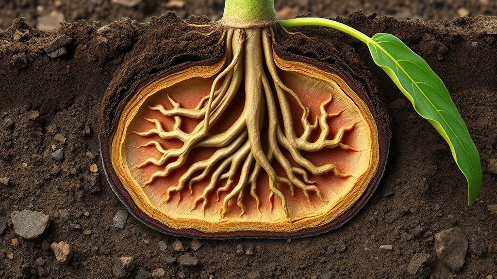 Photorealistic cross-section view of plant root colonized by arbuscular mycorrhizal fungi showing internal branching fungal structures and nutrient exchange interface, scientific illustration style with natural soil background