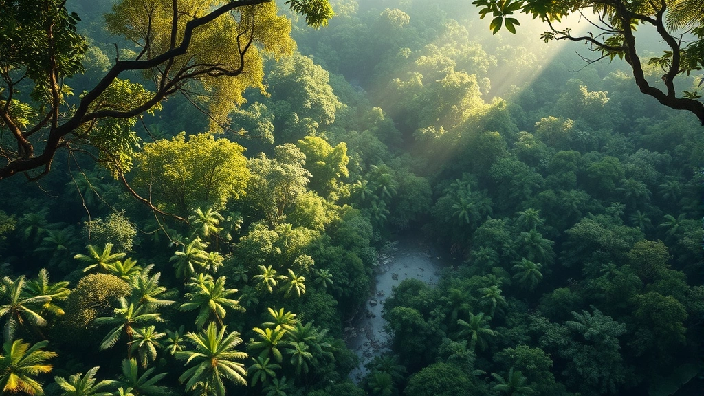 Photorealistic aerial view of intact tropical rainforest canopy with diverse green vegetation and natural water features, sunlight filtering through layers, demonstrating healthy ecosystem biodiversity and carbon storage capacity