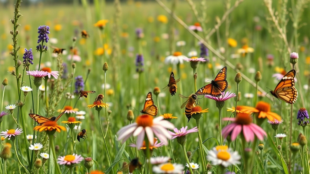 Photorealistic image of pollinator-rich wildflower meadow with native bees, butterflies, and flowering plants in natural landscape setting, showing ecosystem service provision for agriculture and food security