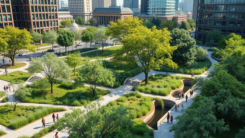 Photorealistic urban green infrastructure showing lush park with native trees, green spaces, and water features integrated into city landscape, demonstrating nature-based solutions for stormwater management and urban ecosystem services