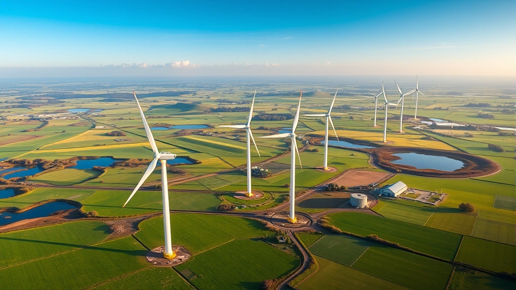 Aerial view of renewable wind turbines in operation across vast landscape with green fields and water bodies, photorealistic natural lighting showing sustainable energy infrastructure in natural environment