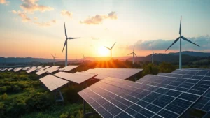 Photorealistic image of a modern renewable energy facility with solar panels and wind turbines integrated into a lush green landscape, showing sustainable infrastructure in operation during golden hour lighting