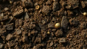 Photorealistic close-up of rich dark soil teeming with visible microorganism colonies, fungal networks, and bacterial biofilms, natural lighting showing soil structure and microbial complexity, earthy brown and golden tones