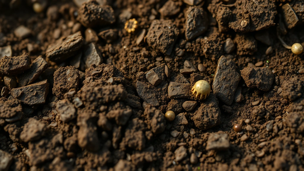 Photorealistic close-up of rich dark soil teeming with visible microorganism colonies, fungal networks, and bacterial biofilms, natural lighting showing soil structure and microbial complexity, earthy brown and golden tones