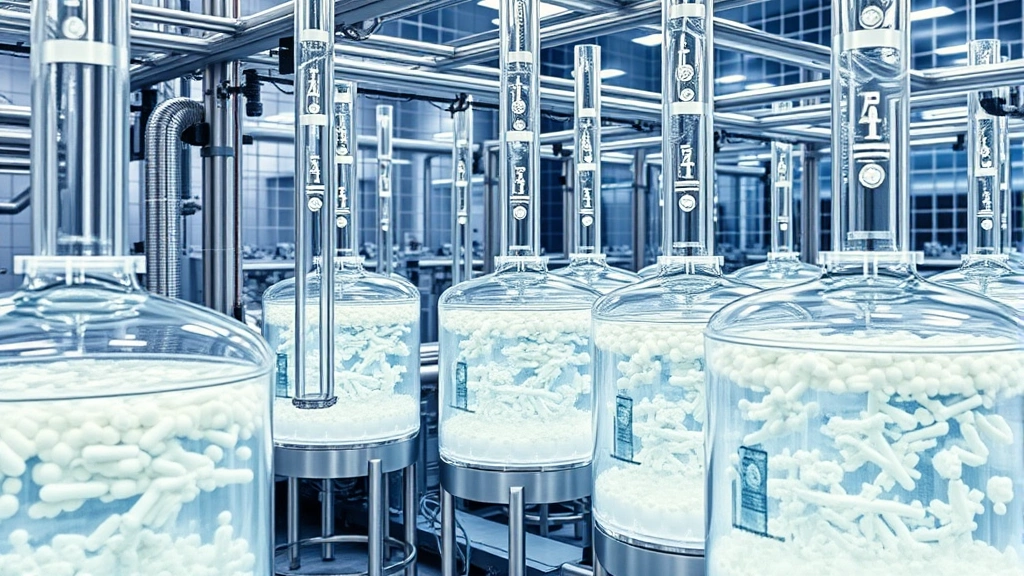 Photorealistic photograph of industrial bioreactor facility with transparent vessels containing microbial cultures, showing modern biotechnology infrastructure for pharmaceutical and enzyme production