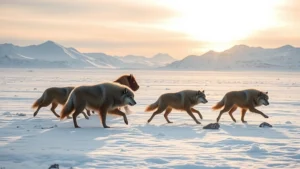 Arctic wolf pack hunting muskox across snowy tundra landscape with distant mountains under pale sunlight, photorealistic wildlife photography showing predator-prey interaction in pristine Arctic environment