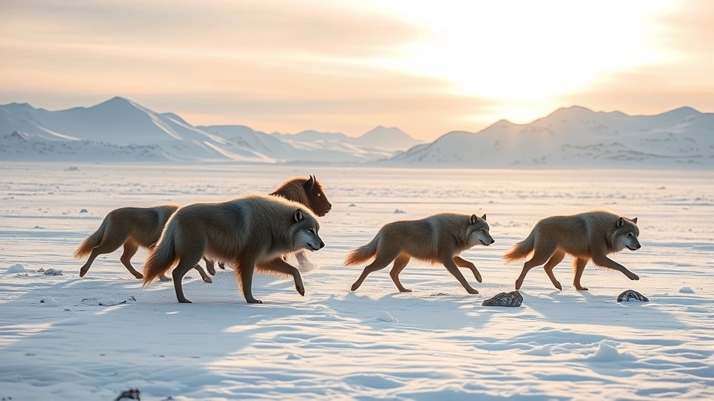 Arctic wolf pack hunting muskox across snowy tundra landscape with distant mountains under pale sunlight, photorealistic wildlife photography showing predator-prey interaction in pristine Arctic environment