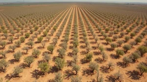 Aerial view of vast almond orchards in California's Central Valley during drought, showing rows of trees with cracked, dry earth between them, natural sunlight, photorealistic landscape photography
