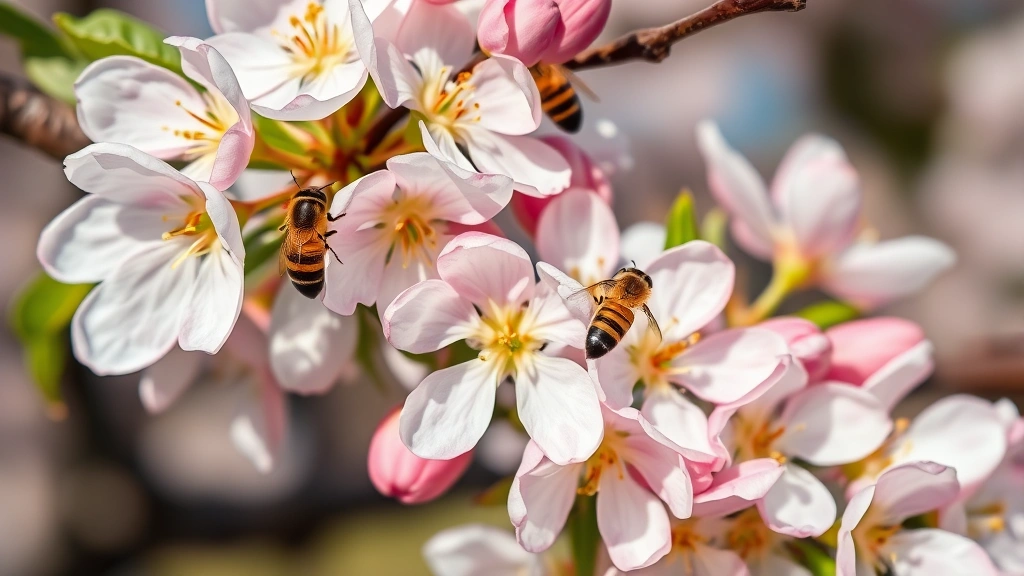 Close-up of almond blossoms with honeybees pollinating, showing delicate pink flowers and natural bee activity in spring orchard, detailed nature photography