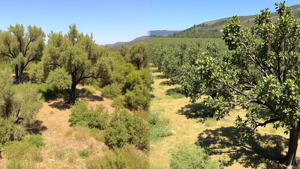 Comparison split-image showing lush native oak woodland habitat on one side and converted almond monoculture on the other, illustrating habitat loss transformation, landscape ecology perspective