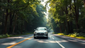 Photorealistic image of a silver hybrid sedan driving through a lush green forest highway with dense trees on both sides, morning sunlight filtering through canopy, wet asphalt reflecting light, no people visible, representing sustainable transportation in natural environment