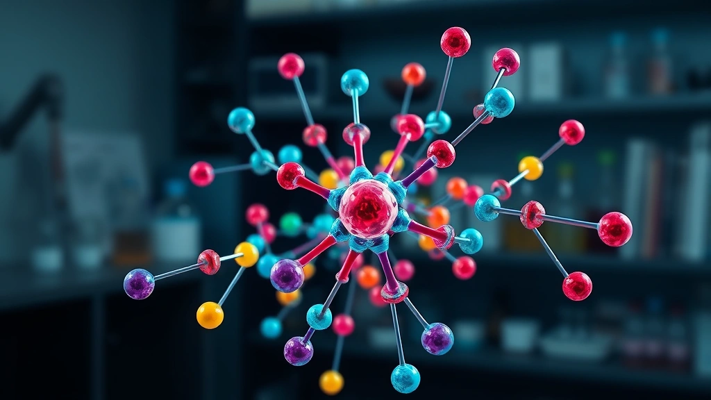 Photorealistic 3D molecular structure visualization showing atoms as spheres connected by bonds, vibrant colors representing different elements, swirling around central core, laboratory setting background slightly blurred, no text or labels