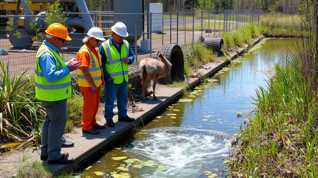 Environmental audit team in safety gear examining industrial facility water discharge point where clear treated water flows into a restored wetland ecosystem with native plants and wildlife