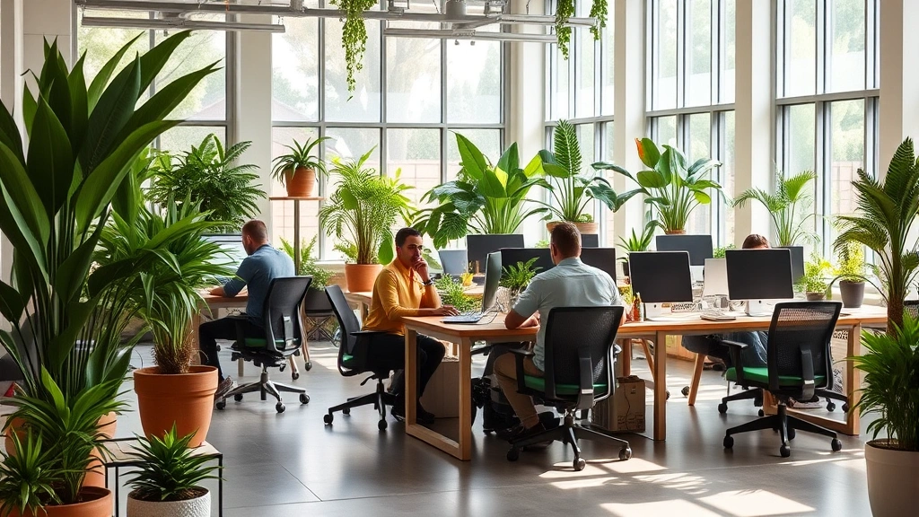 Lush green office space with natural light, potted plants, comfortable ergonomic workstations, and workers collaborating peacefully at wooden tables, embodying healthy workplace environment