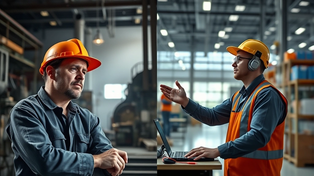 Split-screen showing exhausted industrial worker in harsh grey factory versus energized worker in bright modern facility, illustrating productivity contrast between aversive and supportive conditions