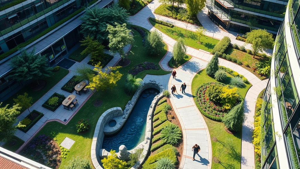 Aerial view of sustainable corporate campus with green spaces, outdoor work areas, natural water features, and workers walking between buildings in pleasant environment