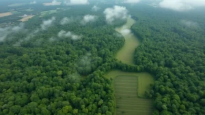 Aerial view of lush green forest landscape meeting agricultural farmland, showing sustainable land-use transition with diverse vegetation zones, morning mist over canopy, photorealistic high resolution