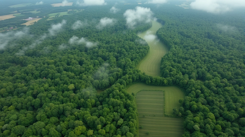 Aerial view of lush green forest landscape meeting agricultural farmland, showing sustainable land-use transition with diverse vegetation zones, morning mist over canopy, photorealistic high resolution