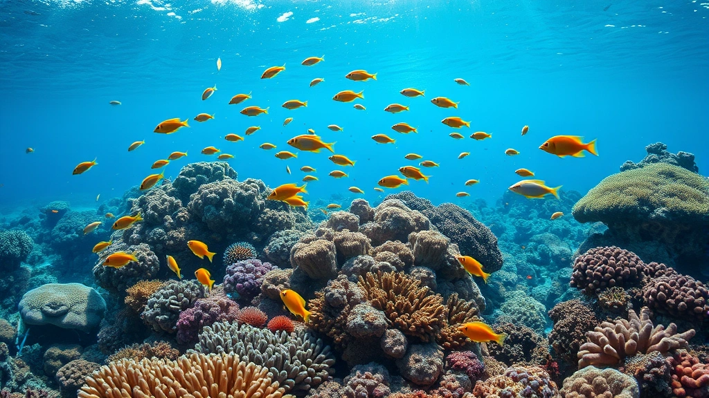 Underwater coral reef ecosystem with vibrant fish species and healthy coral formations, clear blue water, sunlight filtering through, diverse marine life thriving together, photorealistic nature photography