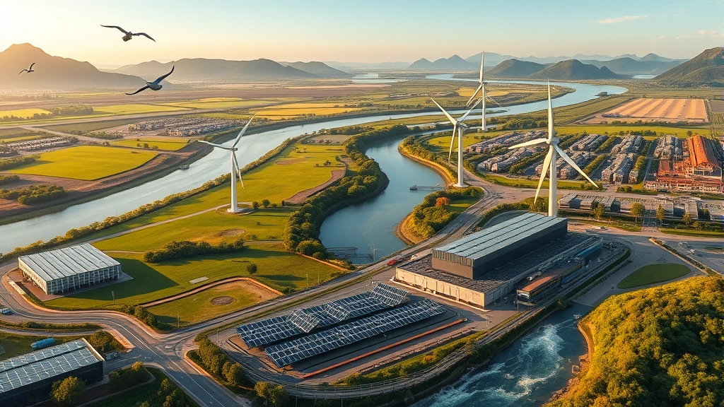 Industrial facility with solar panels and wind turbines integrated into landscape, green spaces between infrastructure, flowing river, birds in flight, showing balanced development with nature, golden hour lighting photorealistic